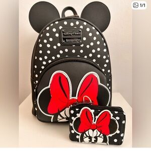 Disney Parks Minnie Mouse Polka Dot Loungefly back pack and Matching wallet